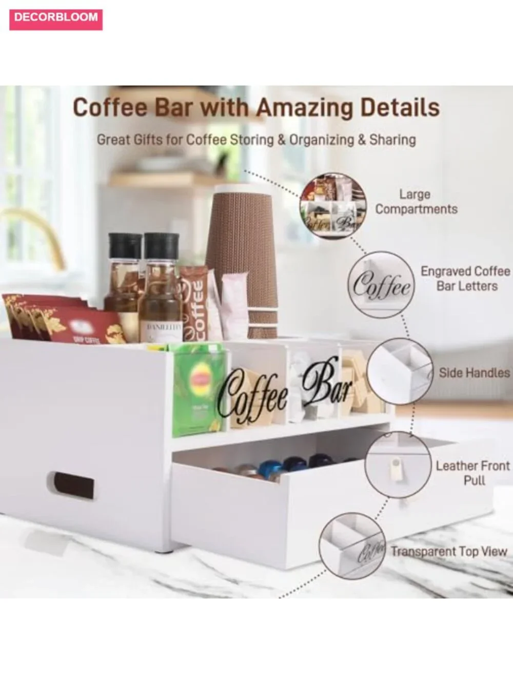 2-Tier Coffee Bar Organizer with Clear Acrylic Top, Built-in Drawer, Solid Wood